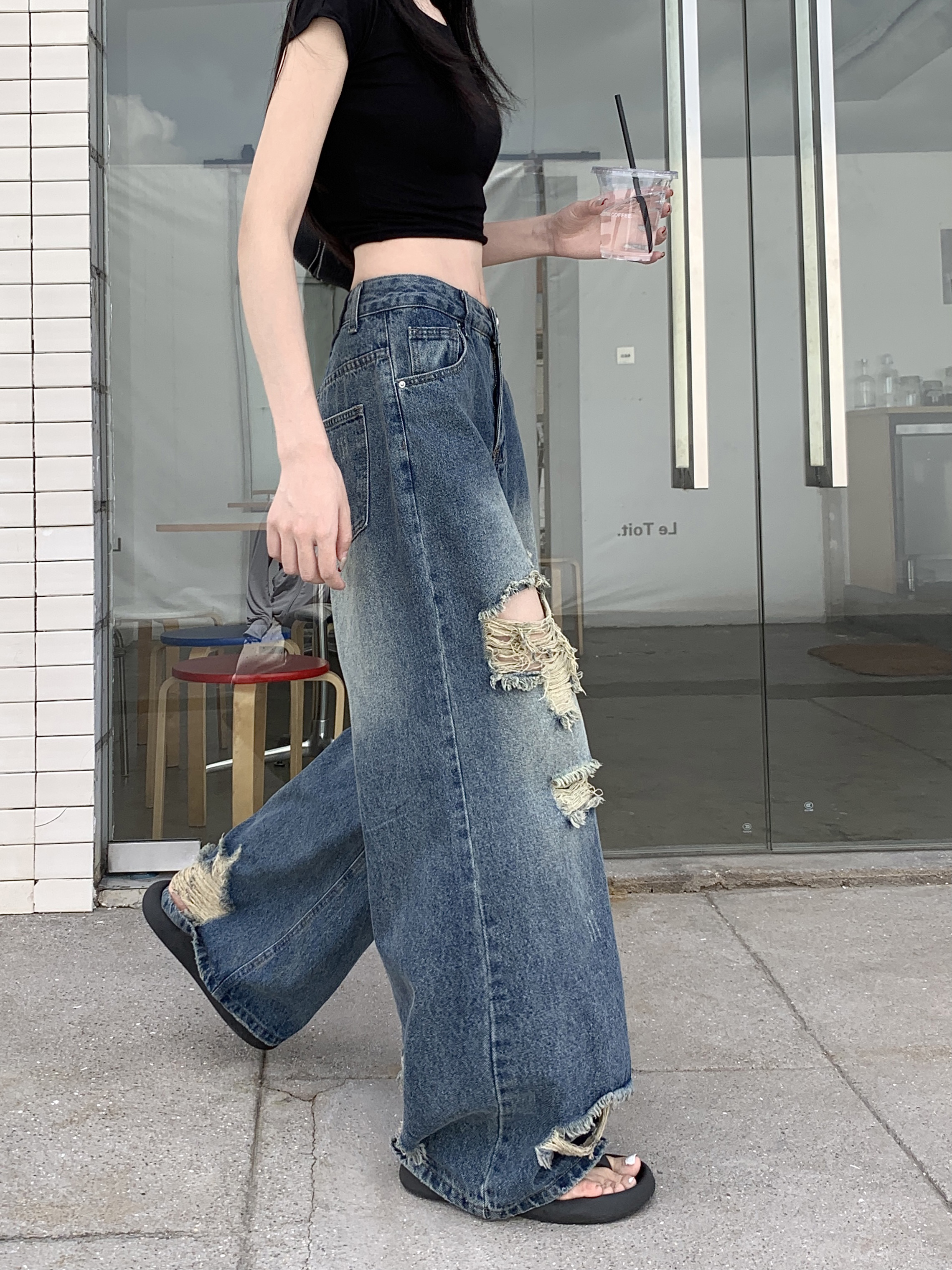 復古水洗做舊破洞牛仔褲女