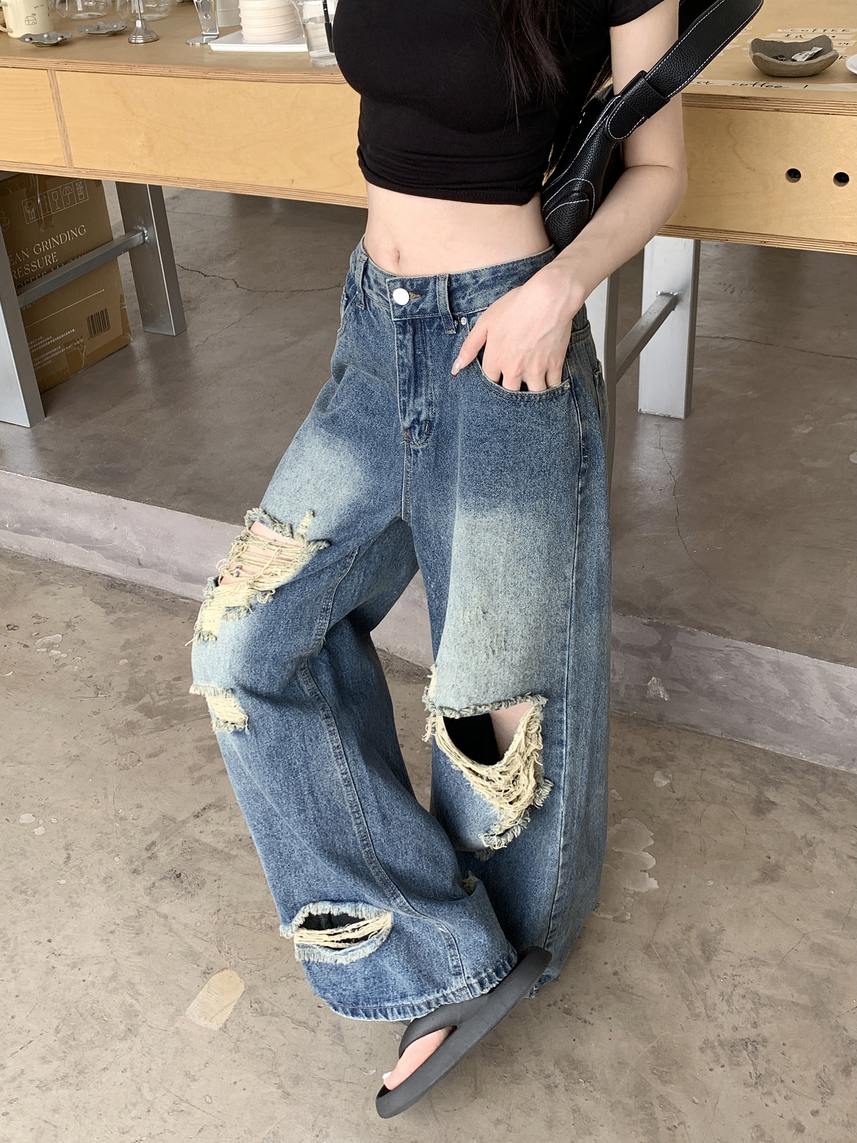 復古水洗做舊破洞牛仔褲女