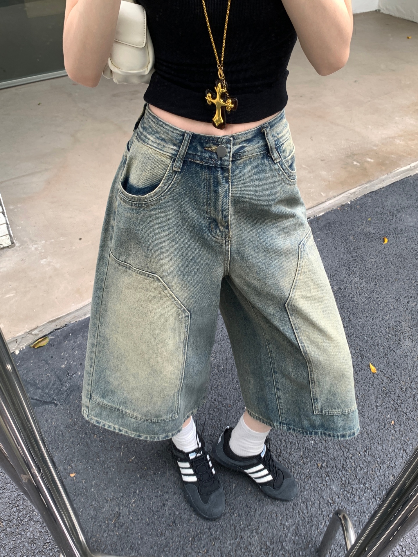美式復古七分牛仔高腰直筒寬松顯瘦八分褲中褲子