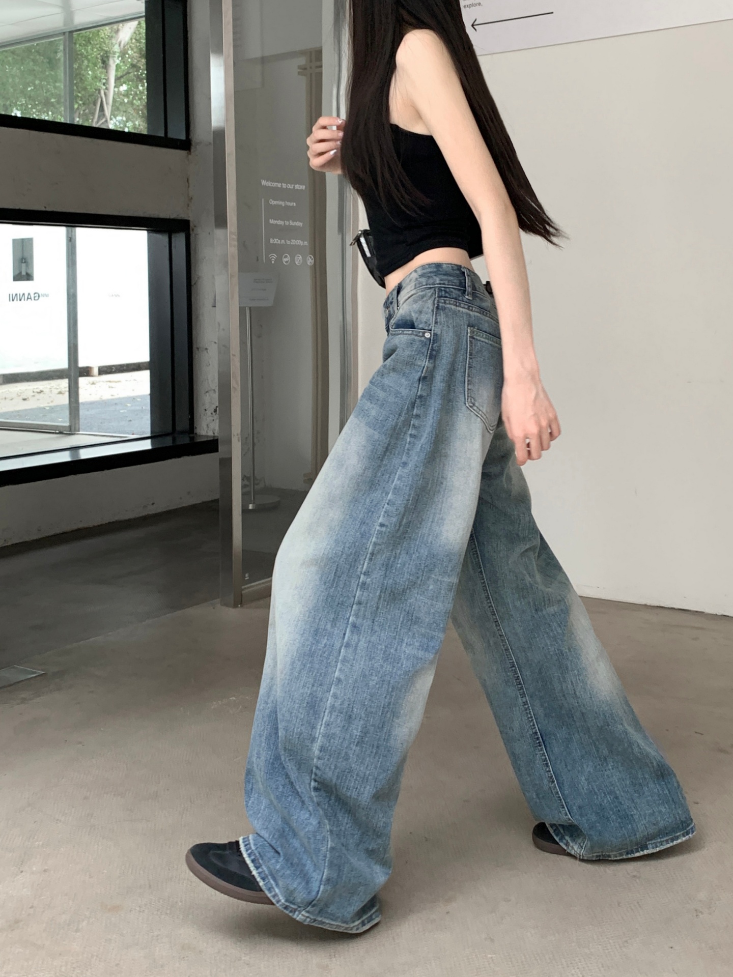 復古竹節紋彎刀牛仔褲女夏季高級感寬松直筒闊腿長褲