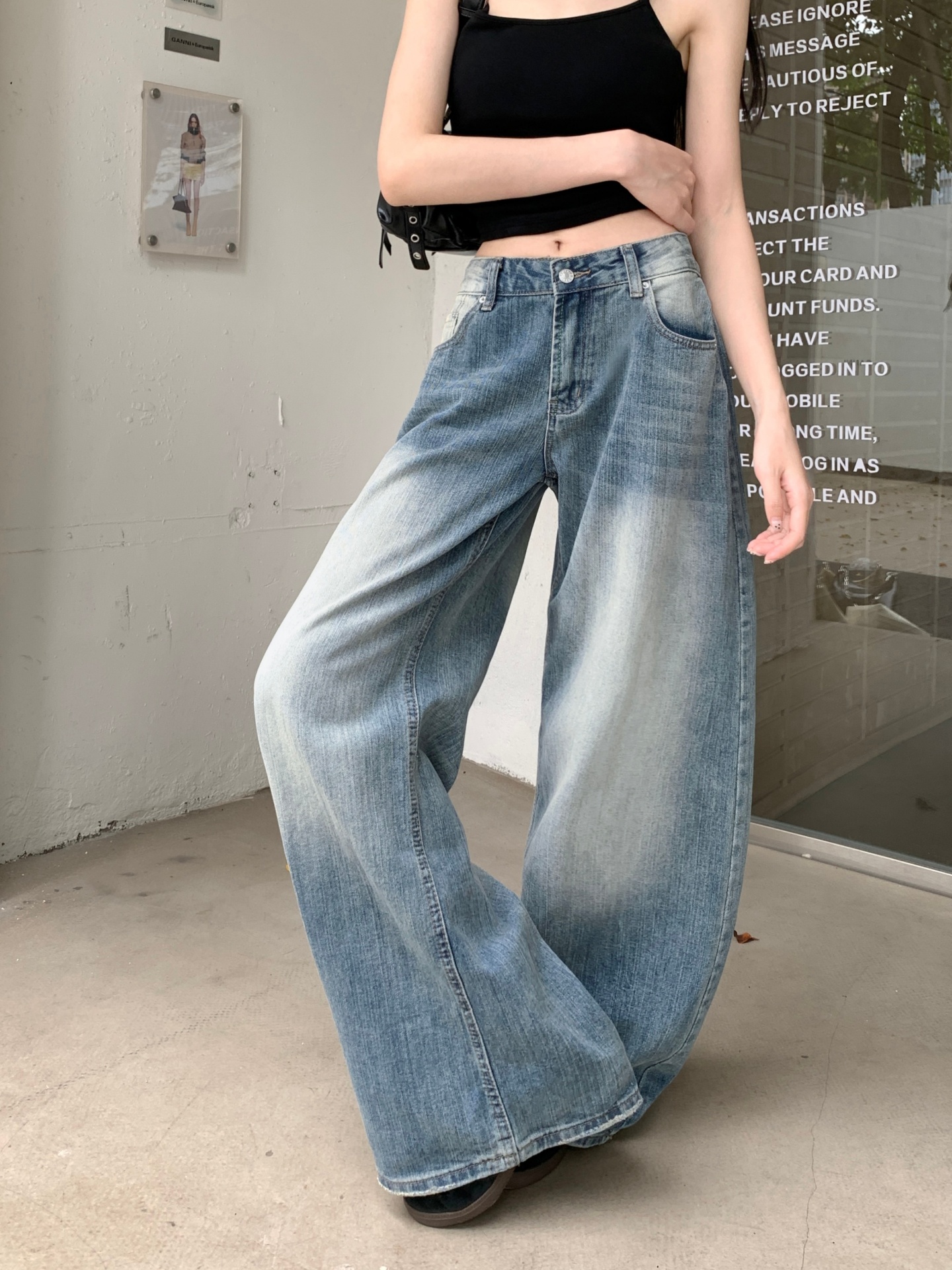 復古竹節紋彎刀牛仔褲女夏季高級感寬松直筒闊腿長褲