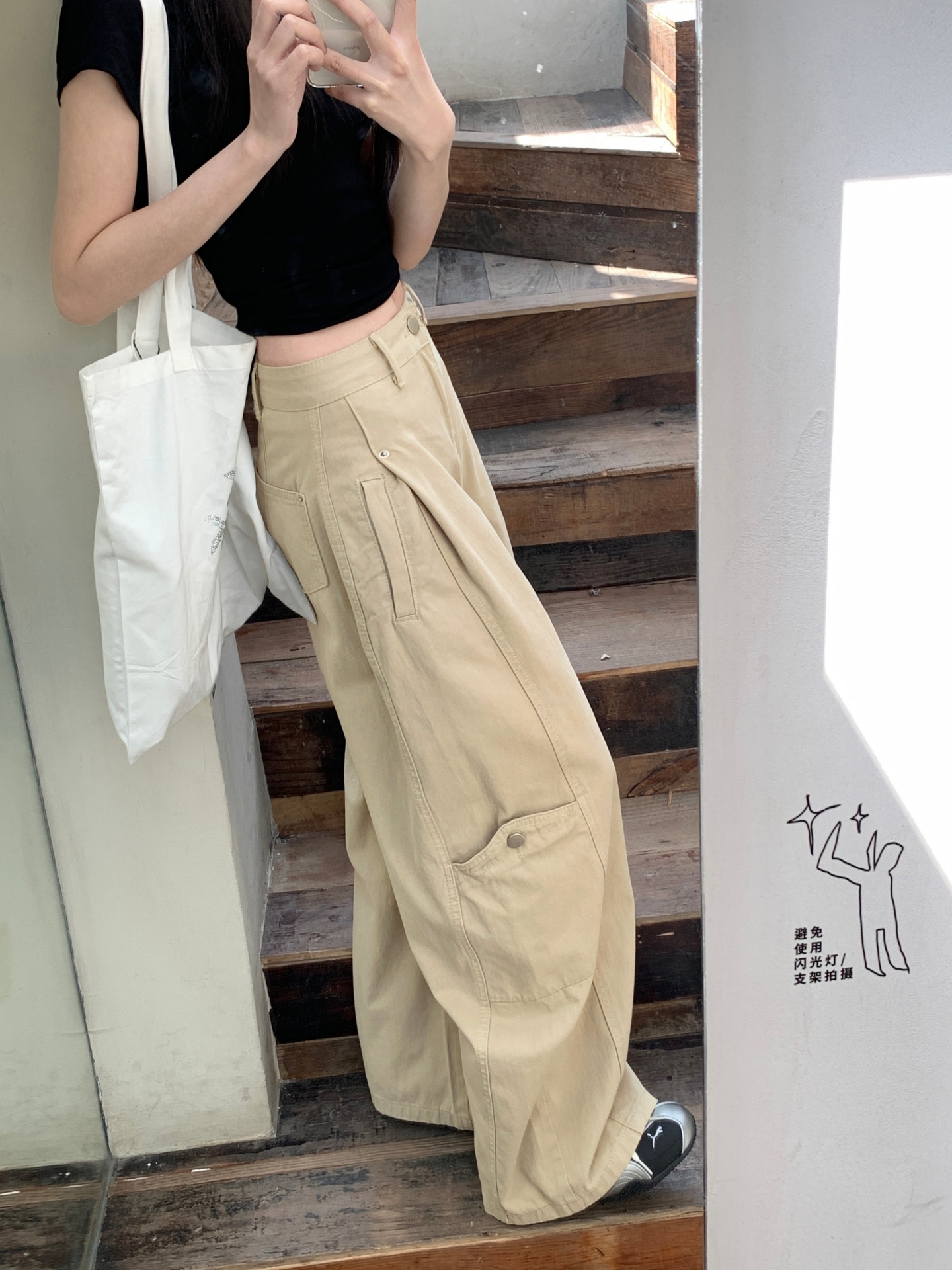 美式工裝休閑褲女寬松直筒闊腿彎刀褲