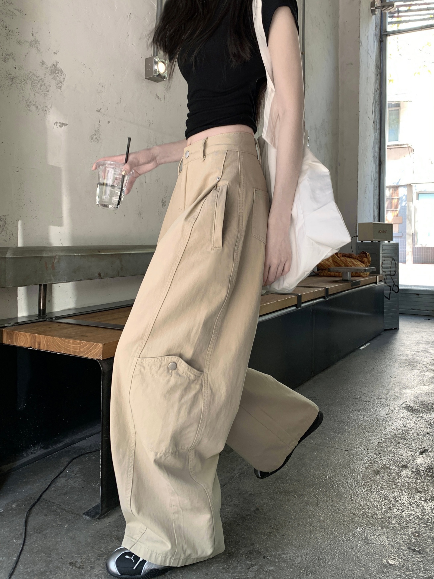 美式工裝休閑褲女寬松直筒闊腿彎刀褲