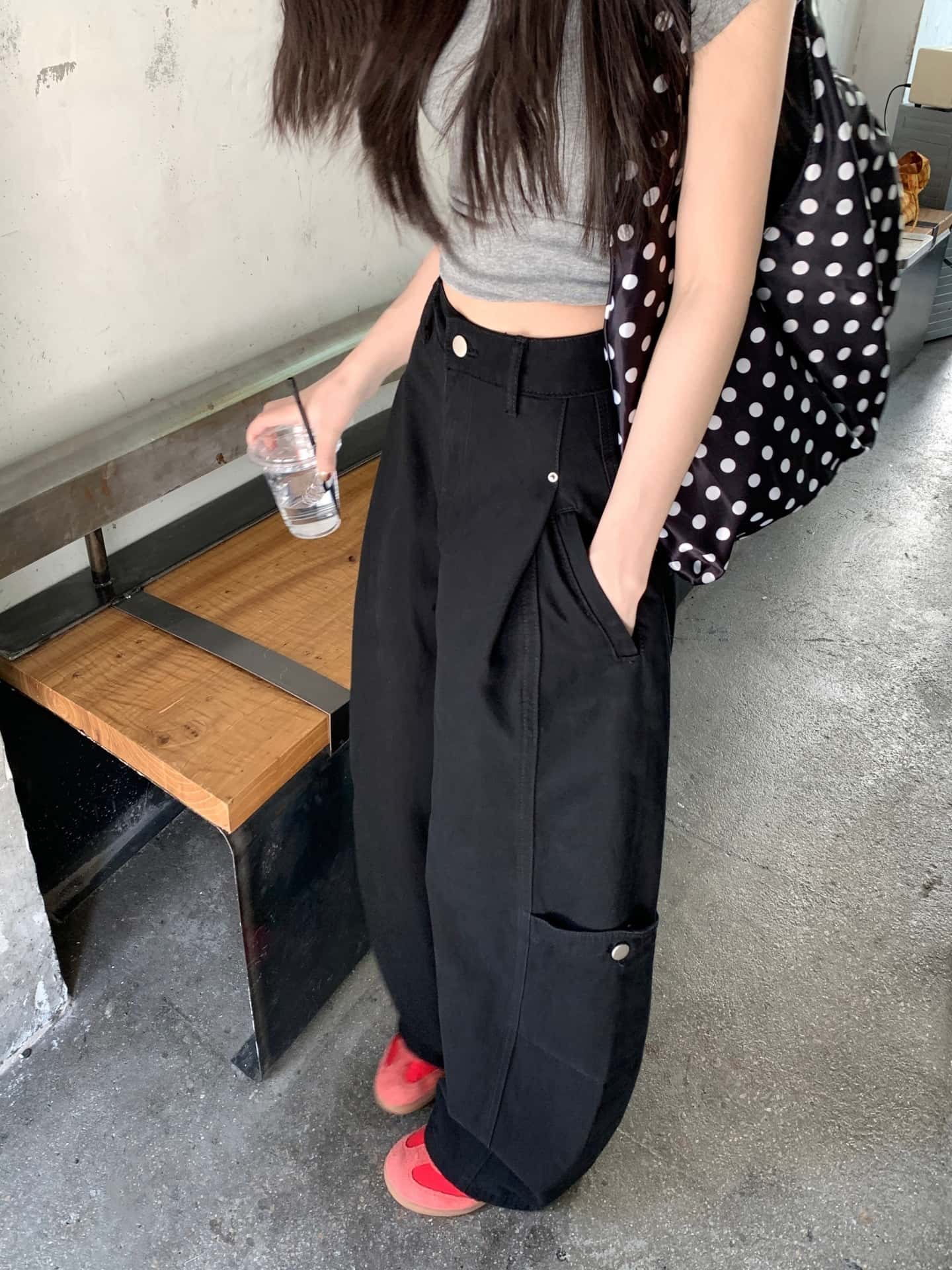 十三行品質 美式工裝休閑褲女寬松直筒闊腿彎刀褲
