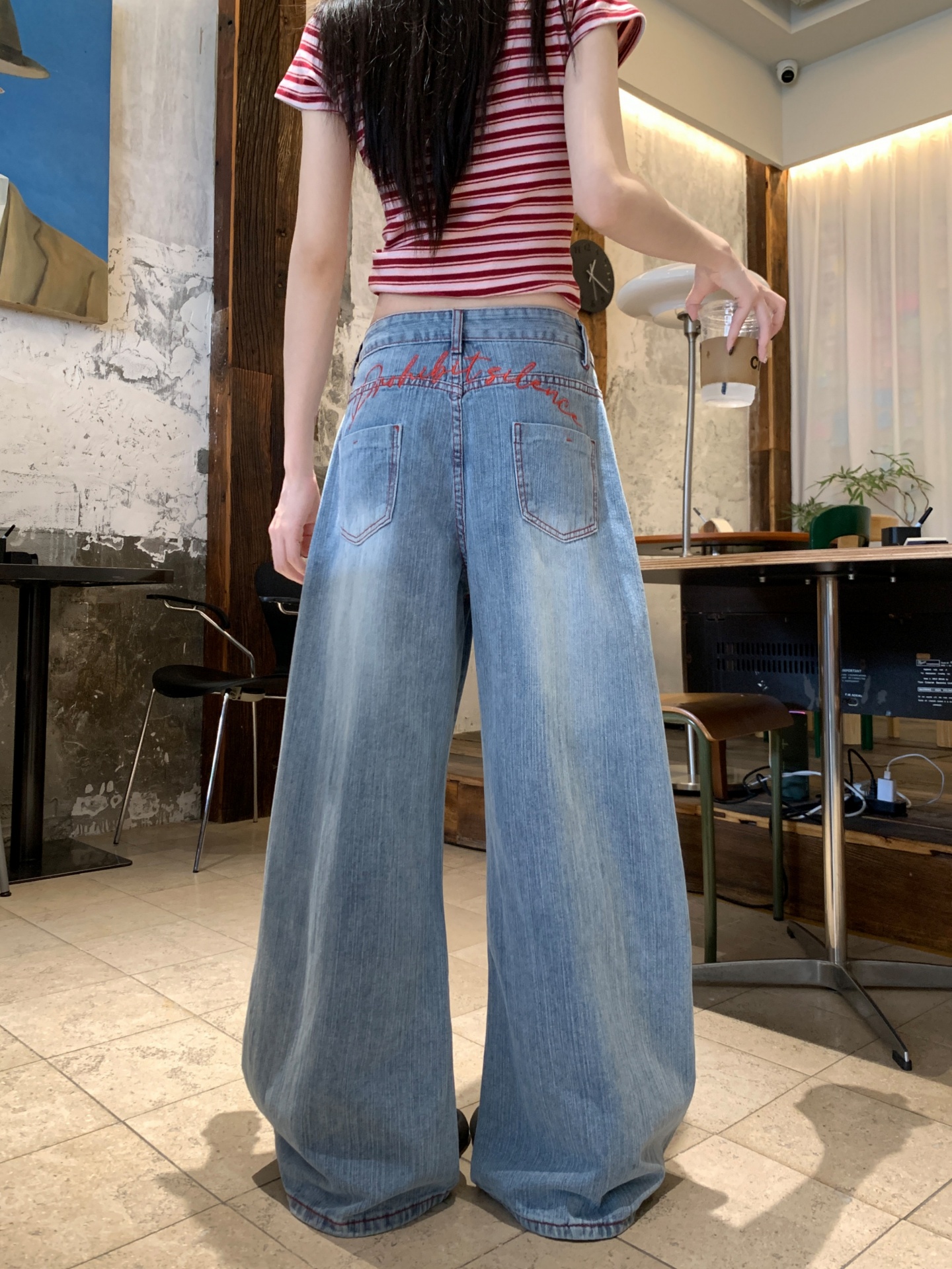 美式復古刺繡彎刀牛仔寬松直筒闊腿鐮刀褲子