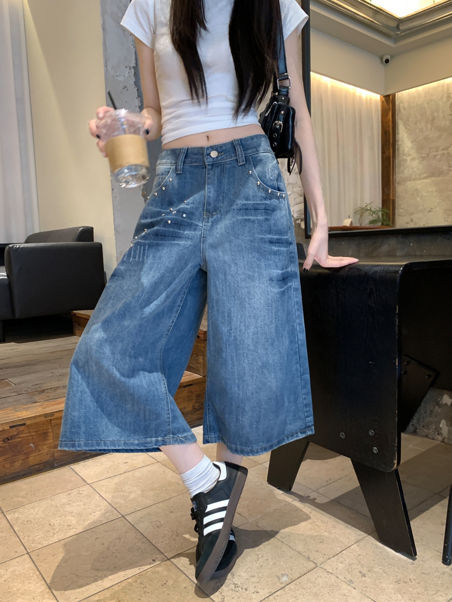 美式復古超好看牛仔七分褲夏季新款寬松短褲子