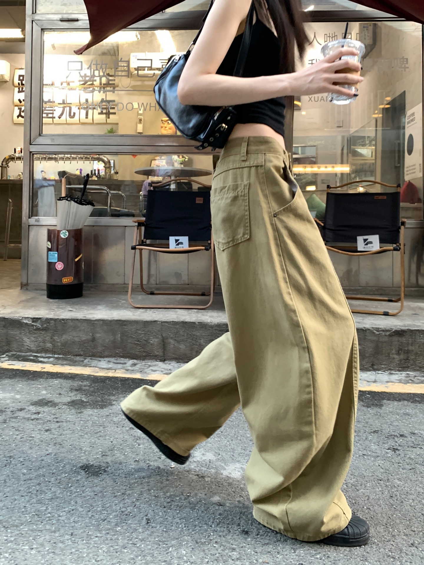 美式卡其色工裝牛仔褲女夏新款排扣設計寬松闊腿長褲休閑直筒褲子