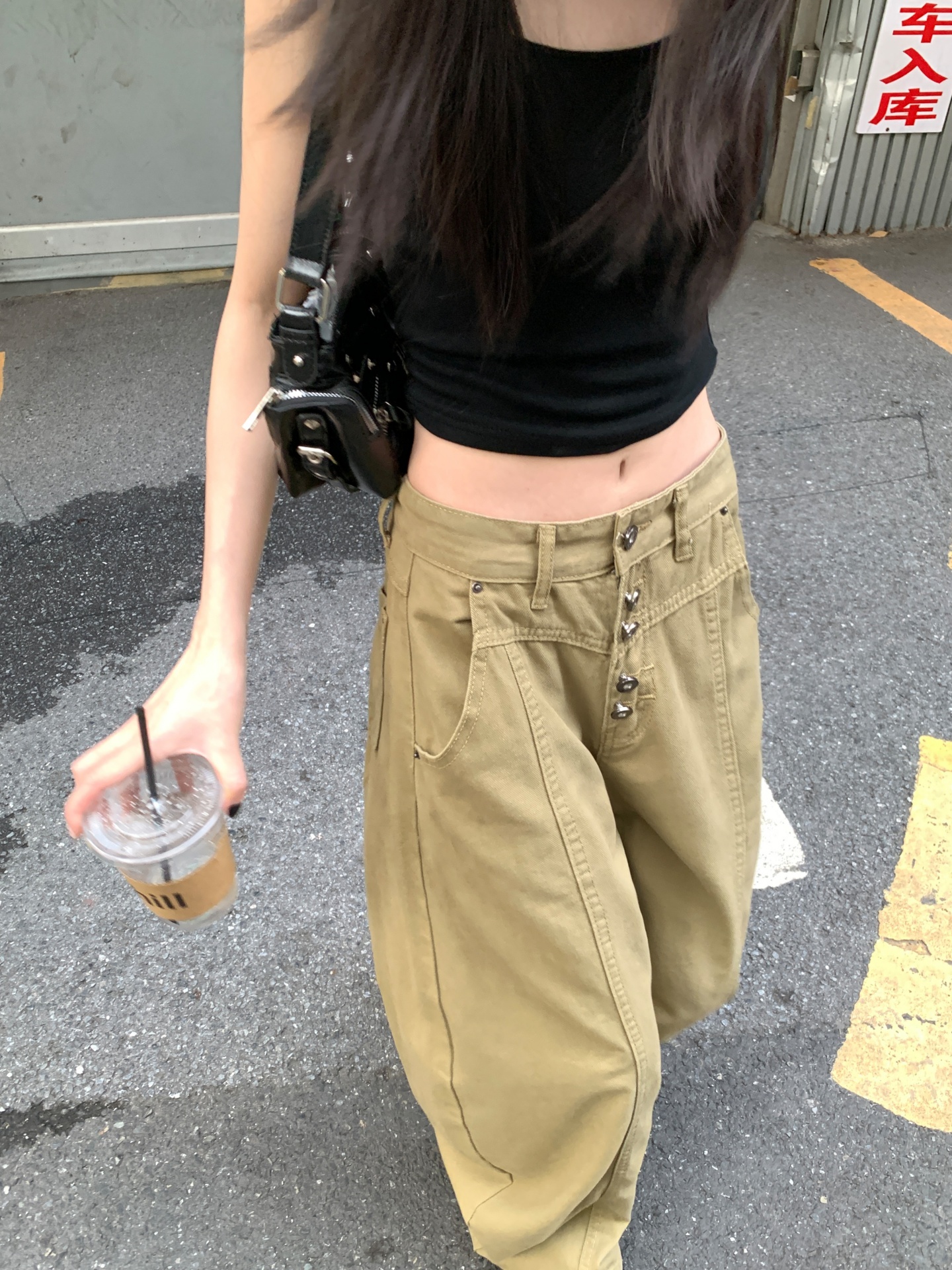 美式卡其色工裝牛仔褲女夏新款排扣設計寬松闊腿長褲休閑直筒褲子