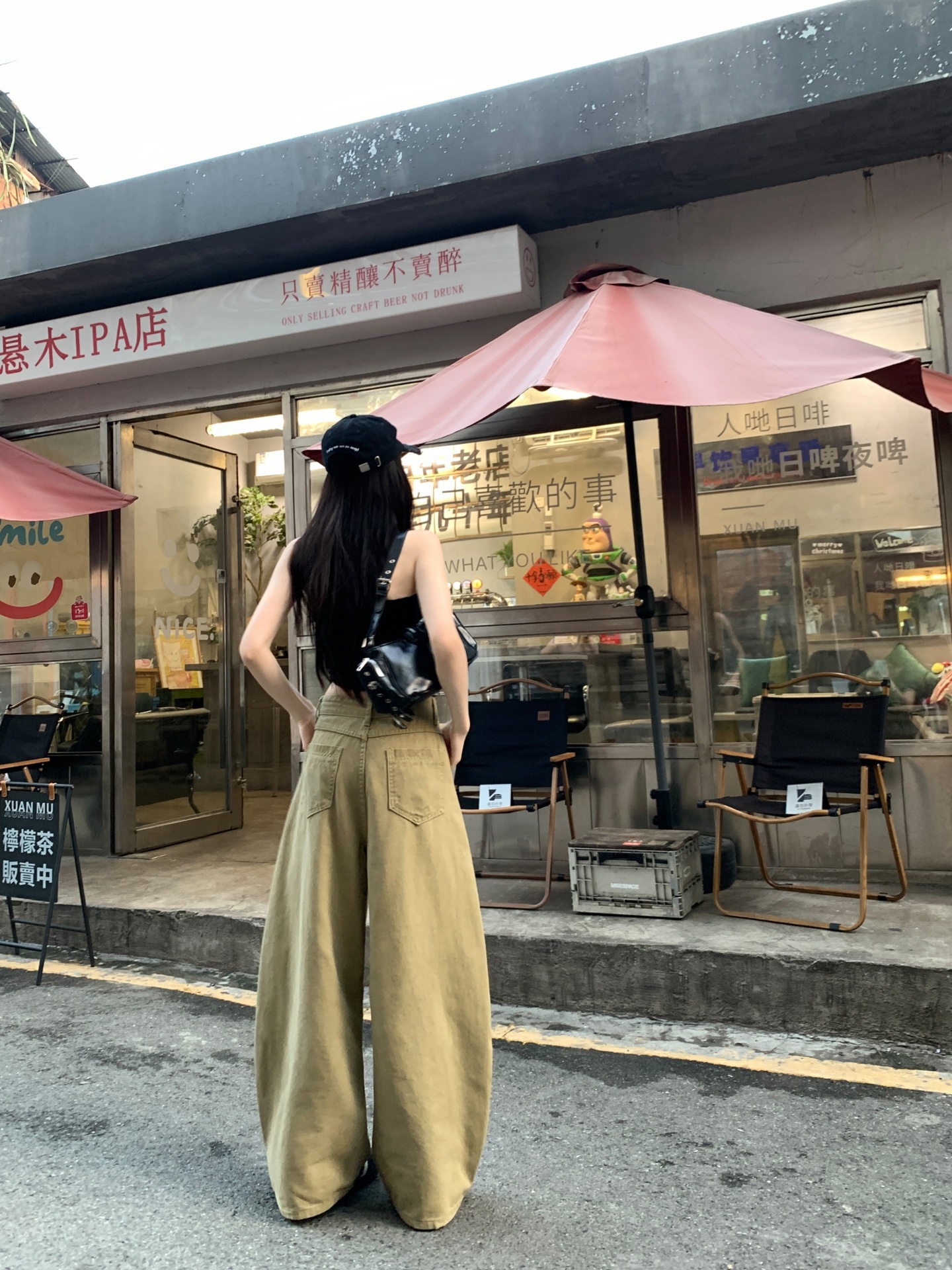 美式卡其色工裝牛仔褲女夏新款排扣設計寬松闊腿長褲休閑直筒褲子