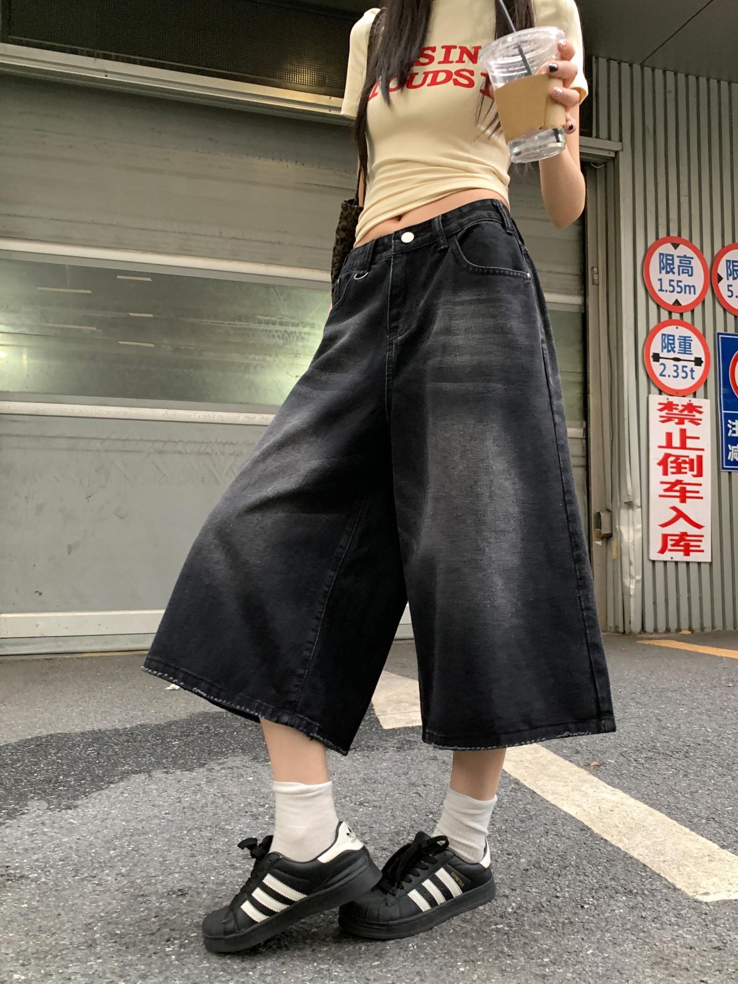美式復古水洗七分牛仔褲女夏季高腰顯瘦寬松直筒闊腿褲