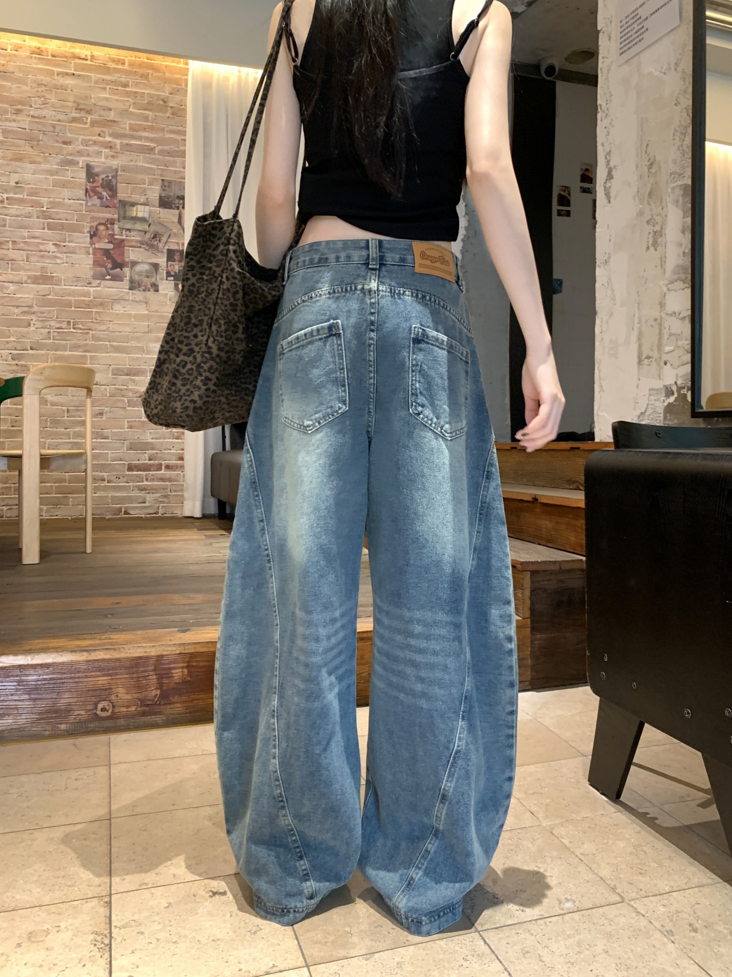 美式復古彎刀牛仔褲女高腰寬松闊腿拖地鐮刀褲子