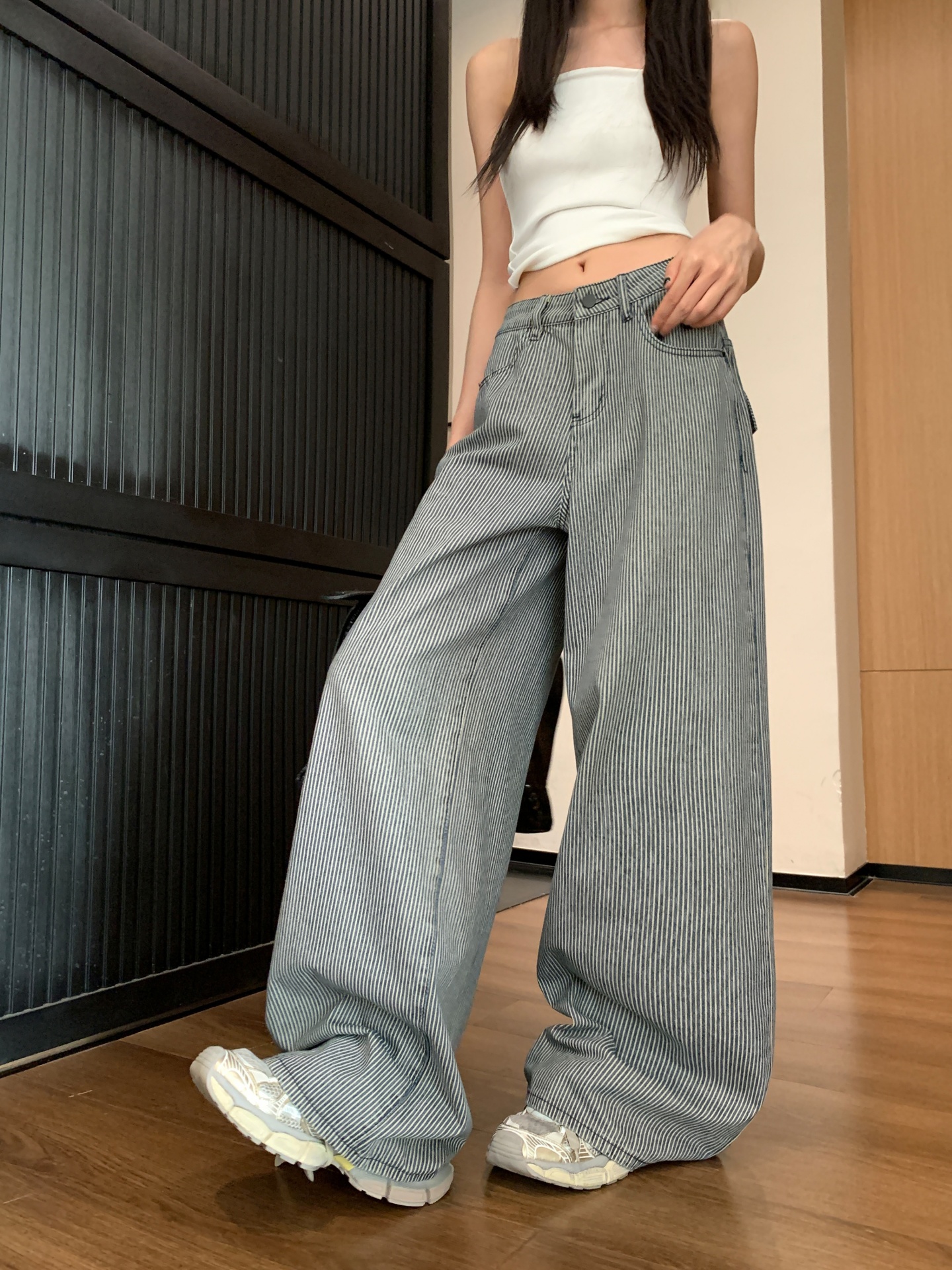 美式復古條紋面料寬松直筒闊腿牛仔褲女條紋藍長