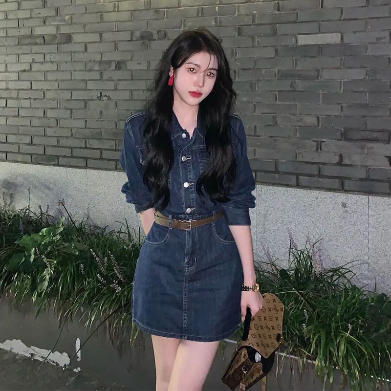 MY14345# 大码减龄气质法式小个子牛仔连衣裙女收腰显瘦短裙子胖妹妹m...