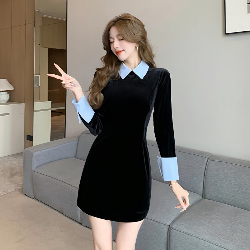 MY15397# 非正式学院风温柔纯欲气质甜酷辣妹拼接翻领假两件复古丝绒连衣裙女裝貨源服裝批發