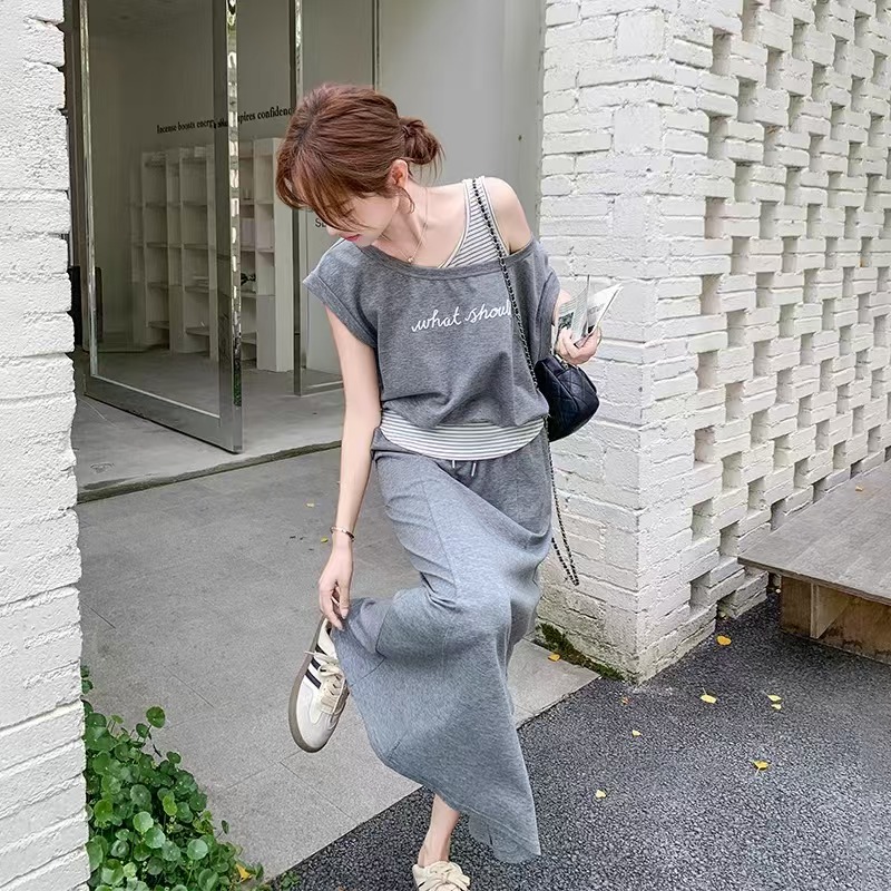 FA35042# 夏季新款时尚套装女假两件条纹漏肩短袖上衣半身裙三件套女潮 服裝批發女裝批發服飾貨源