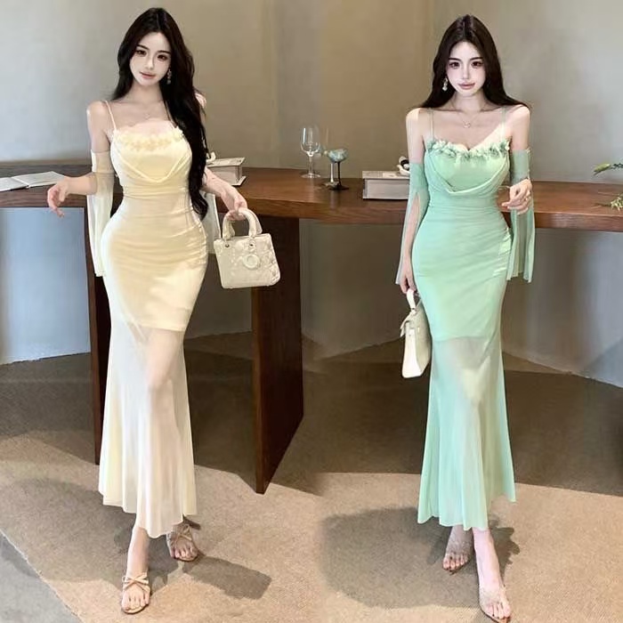 MY17585# 新款绿衣仙女吊带花朵连衣裙小个子性感气质别致鱼尾包臀裙女...