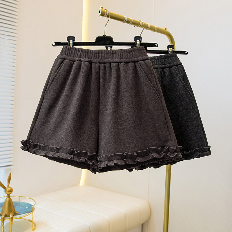 MY17260# 大码胖MM新款木耳花边毛呢加绒短裤女百搭显瘦休闲a字靴裤...