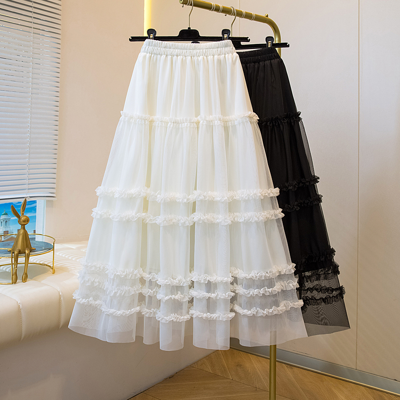 MY17259# 大码胖MM甜美木耳边网纱蕾丝半身裙大摆遮胯a字蓬蓬蛋糕裙女裝貨源服裝批發