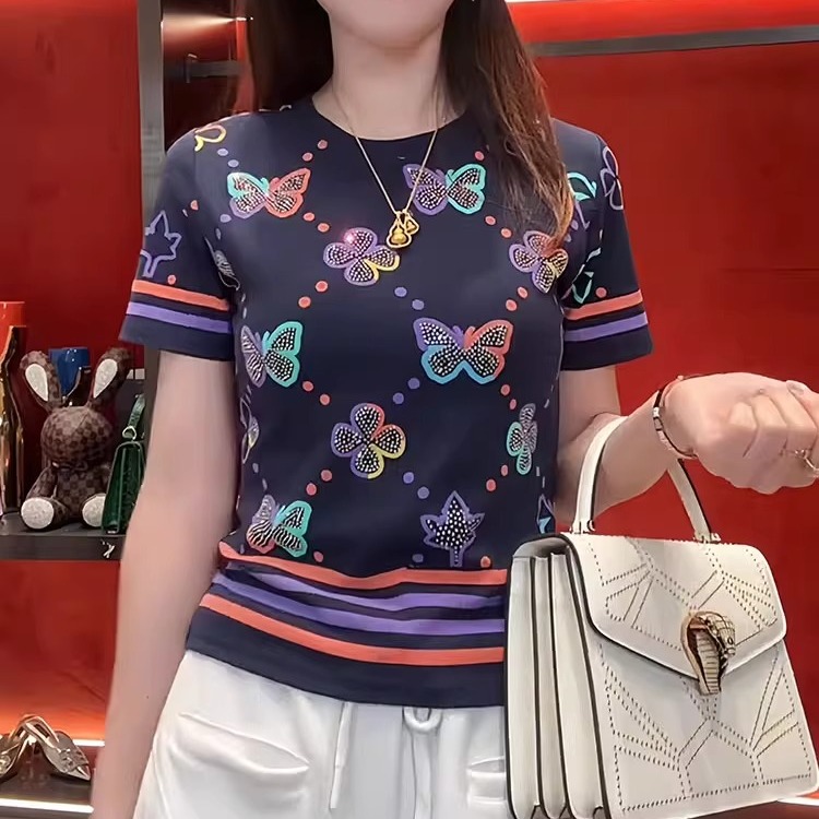 蝴蝶烫钻短袖上衣夏季新款时尚百搭烫钻设计感圆领显瘦T恤女 服裝批發女裝批發服飾貨源