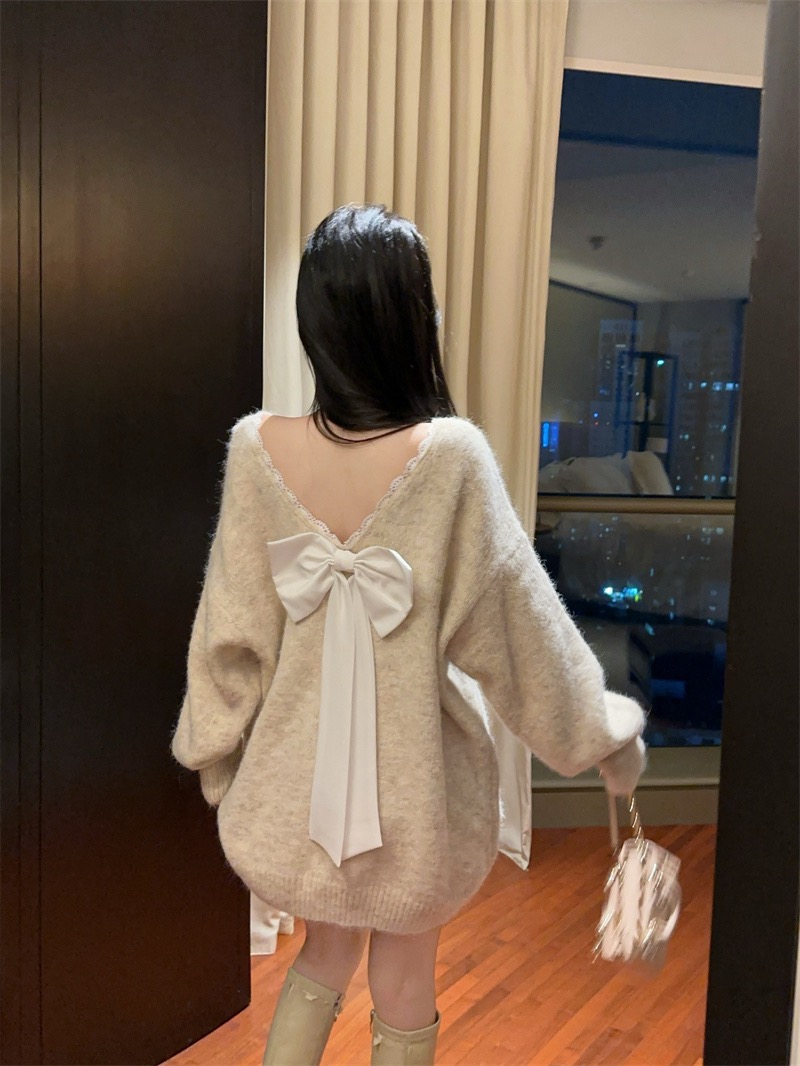 MY15518# 绝美蕾丝拼接撞色蝴蝶结性感露背针织毛衣女女裝貨源服裝批發