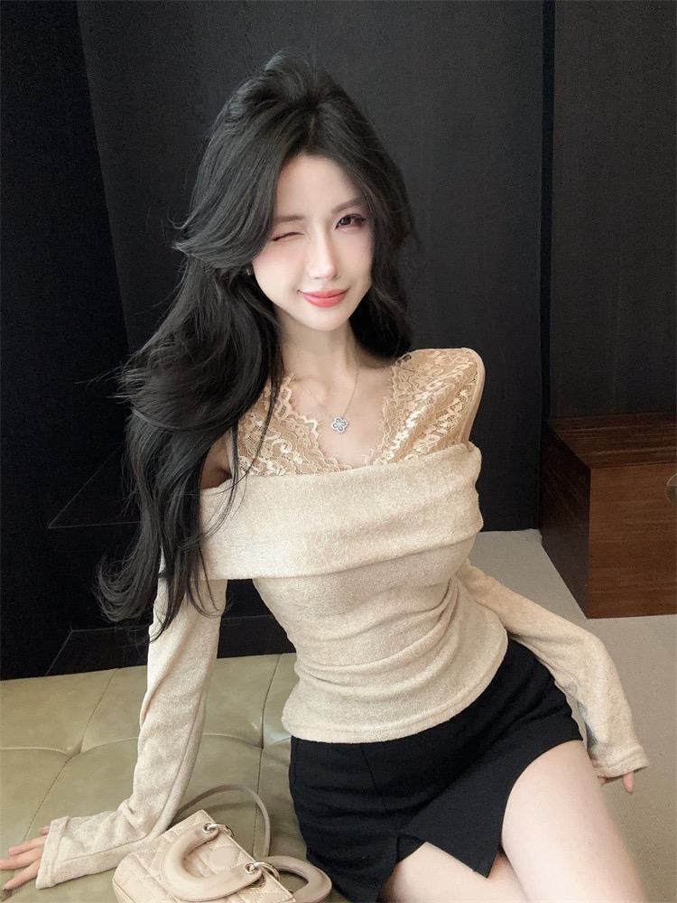 MY15516# 辣妹性感露肩纯欲高级感蕾丝拼接假两件亮晶晶修身上衣女裝貨...