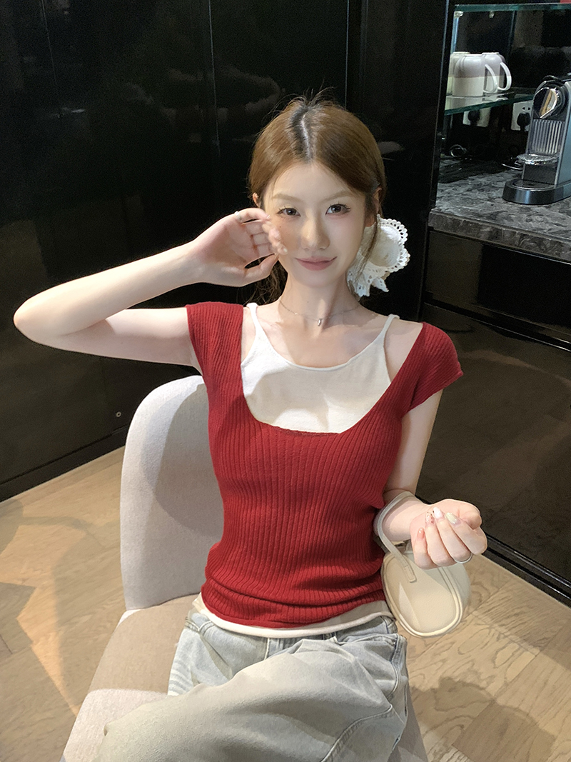 實拍~春夏新款滿滿瘦張力撞色假兩件百搭針織衫