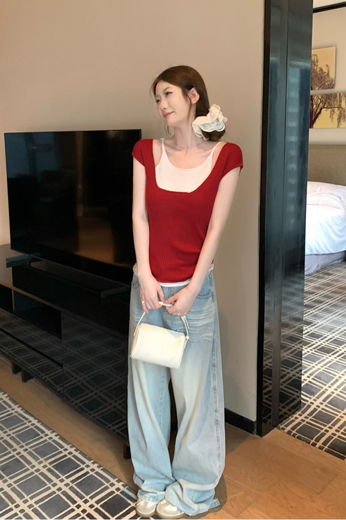 實拍~春夏新款滿滿瘦張力撞色假兩件百搭針織衫