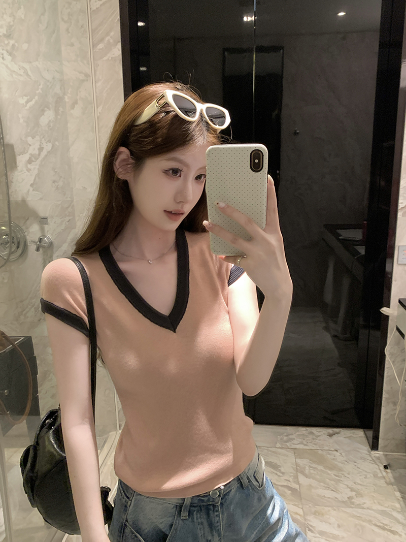 實拍~韓系簡約風撞色針織背心女2026新款V領無袖寬松顯瘦上衣