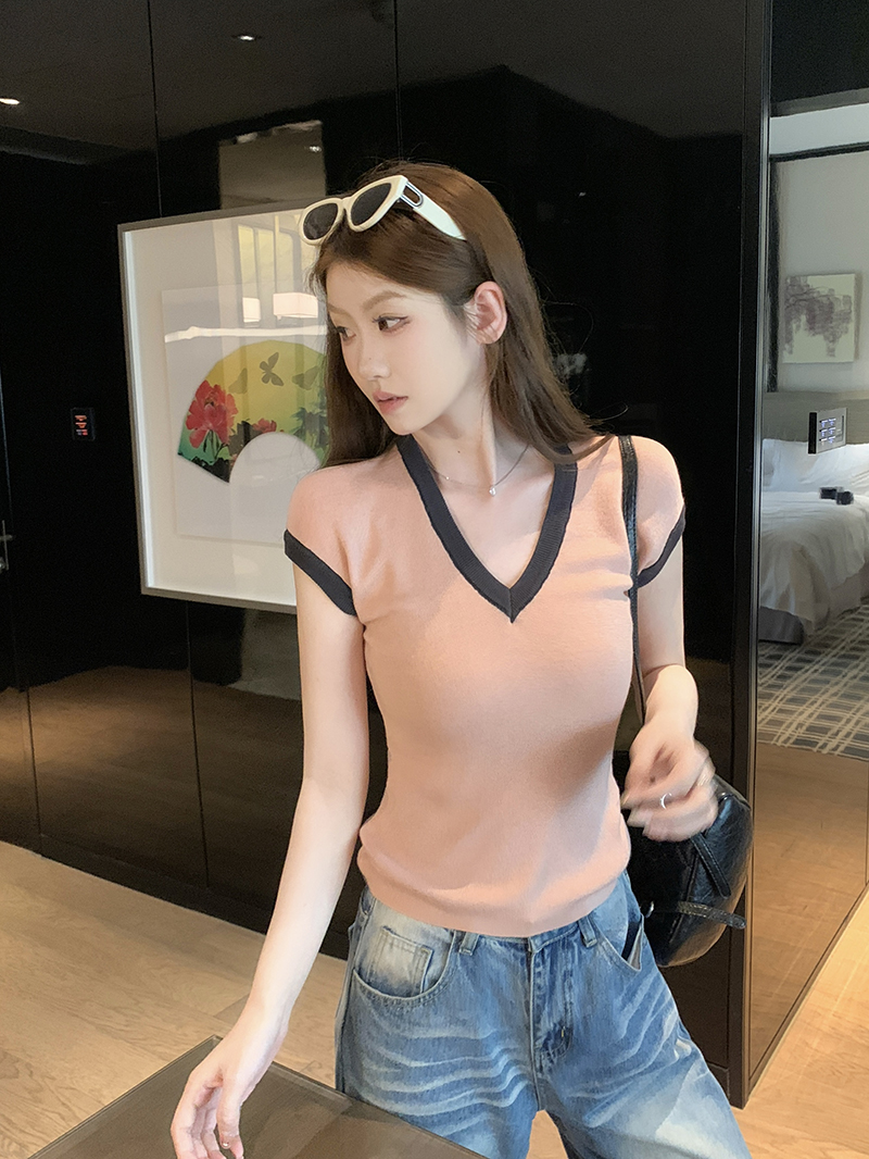 實拍~韓系簡約風撞色針織背心女2026新款V領無袖寬松顯瘦上衣