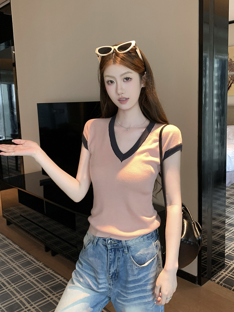 實拍~韓系簡約風撞色針織背心女2026新款V領無袖寬松顯瘦上衣