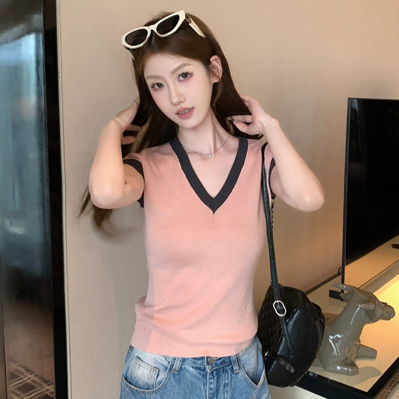 實拍~韓系簡約風撞色針織背心女2026新款V領無袖寬松顯瘦上衣