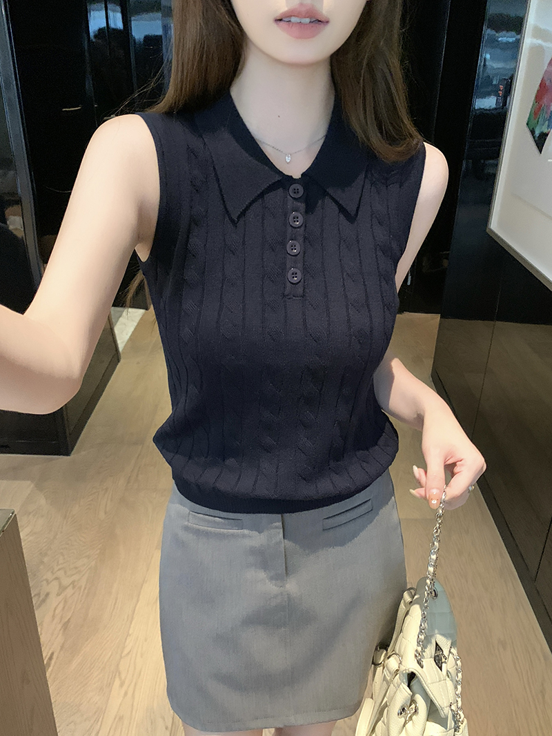 實拍~麻花紋翻領無袖針織馬甲女2026春夏新款半開扣修身顯瘦上衣