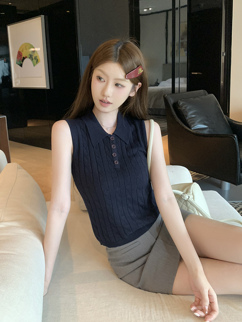 實拍~麻花紋翻領無袖針織馬甲女2026春夏新款半開扣修身顯瘦上衣