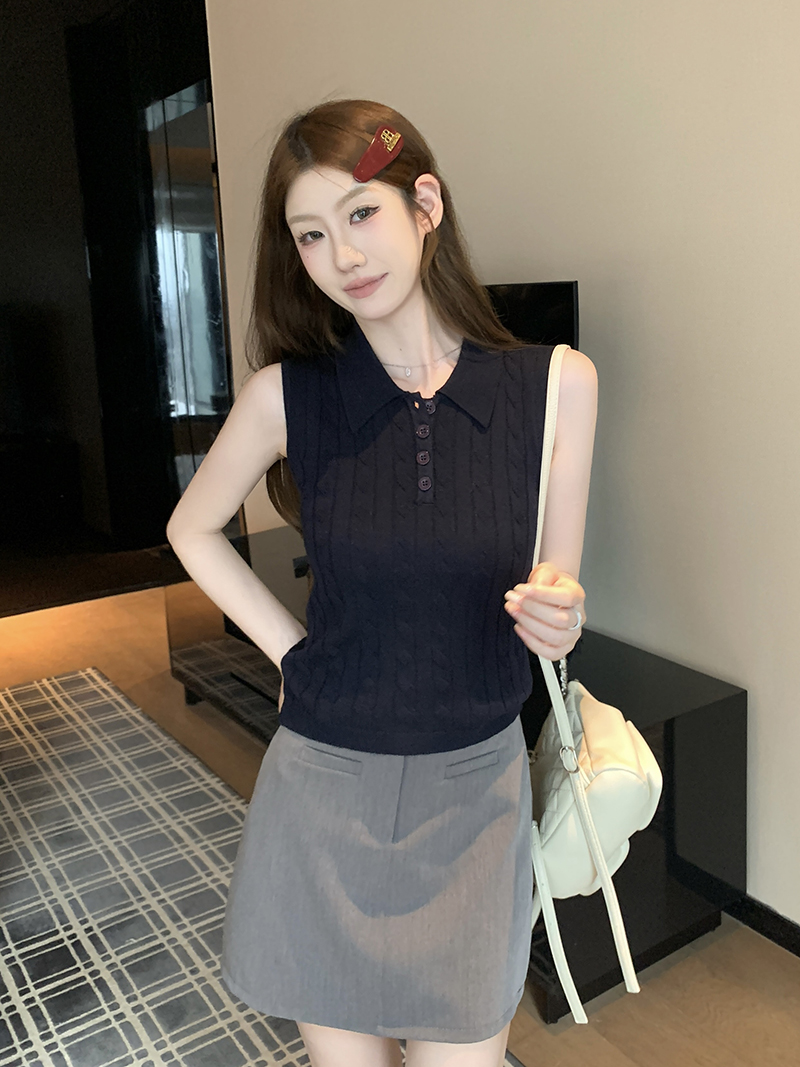 實拍~麻花紋翻領無袖針織馬甲女2026春夏新款半開扣修身顯瘦上衣