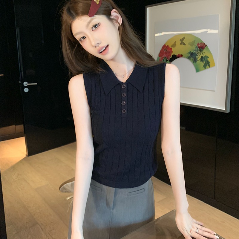 實拍~麻花紋翻領無袖針織馬甲女2026春夏新款半開扣修身顯瘦上衣