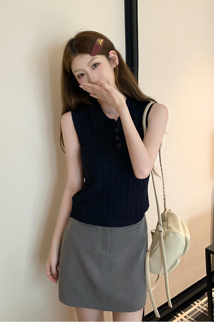 實拍~麻花紋翻領無袖針織馬甲女2026春夏新款半開扣修身顯瘦上衣