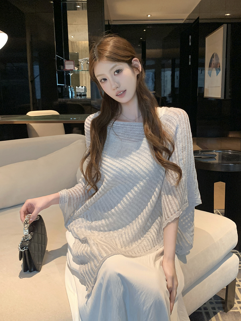 實拍~鏤空不規則蝙蝠袖針織衫女2026 春夏新款寬松顯瘦披肩上衣