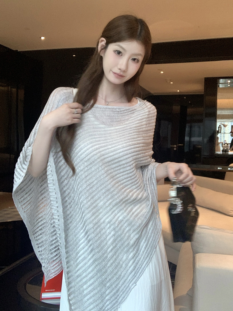 實拍~鏤空不規則蝙蝠袖針織衫女2026 春夏新款寬松顯瘦披肩上衣