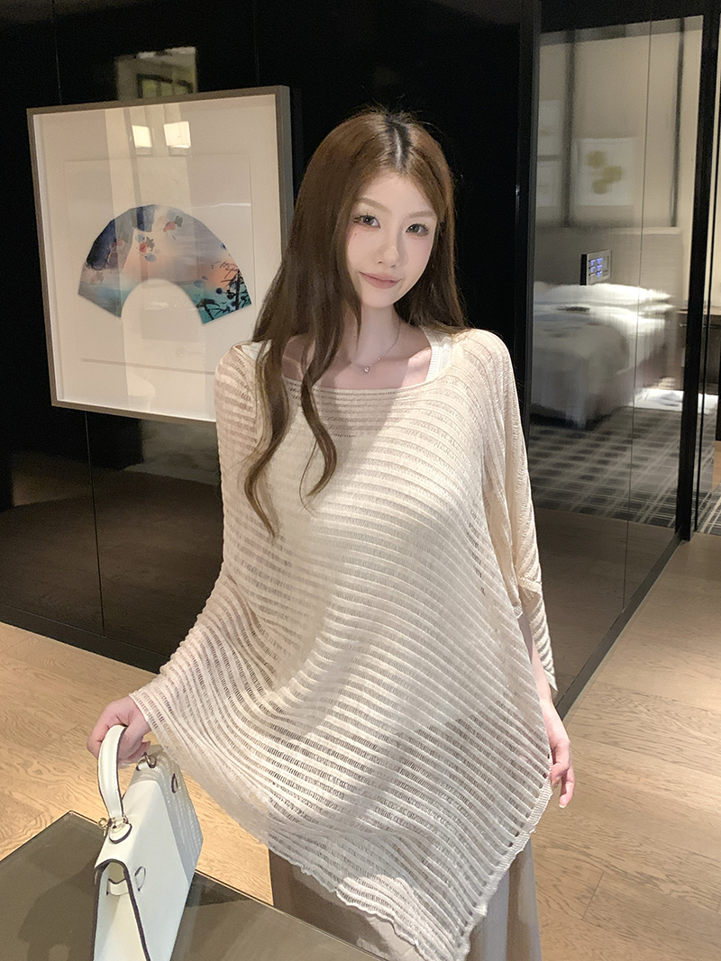 實拍~鏤空不規則蝙蝠袖針織衫女2026 春夏新款寬松顯瘦披肩上衣