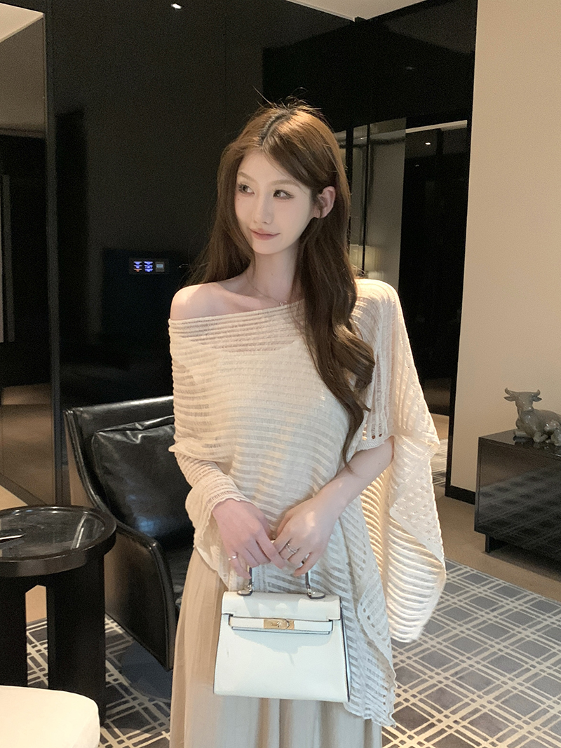 實拍~鏤空不規則蝙蝠袖針織衫女2026 春夏新款寬松顯瘦披肩上衣