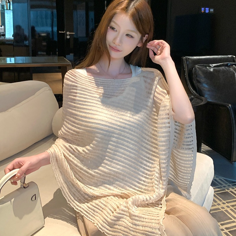 實拍~鏤空不規則蝙蝠袖針織衫女2026 春夏新款寬松顯瘦披肩上衣