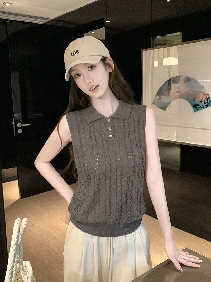 實拍~鏤空Polo針織背心女2026春夏季休閑上衣