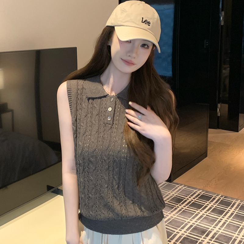 實拍~鏤空Polo針織背心女2026春夏季休閑上衣