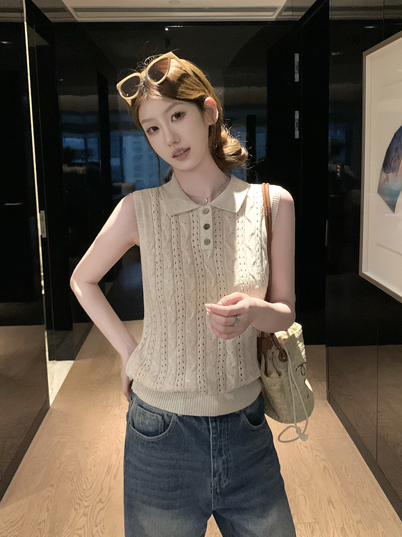 實拍~鏤空Polo針織背心女2026春夏季休閑上衣