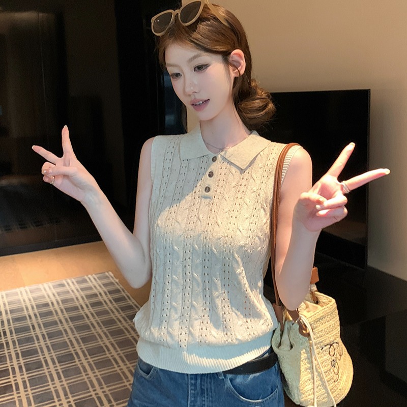 實拍~鏤空Polo針織背心女2026春夏季休閑上衣