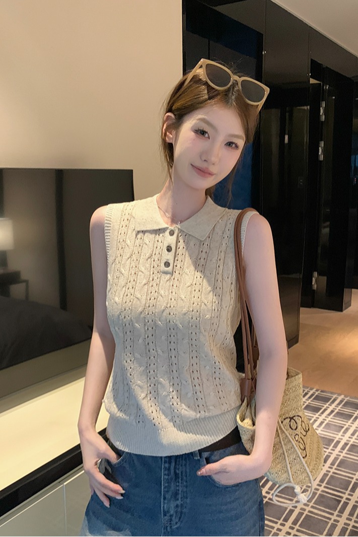 實拍~鏤空Polo針織背心女2026春夏季休閑上衣