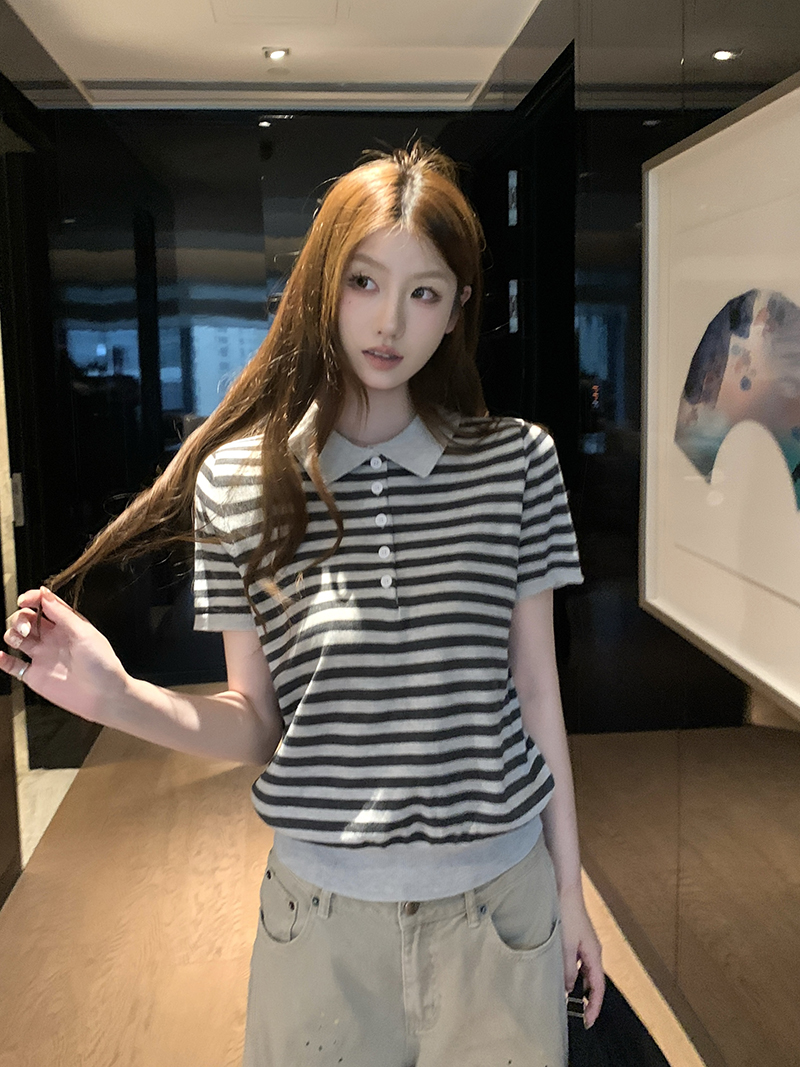 實拍~條紋翻領半開扣短袖針織衫女2026春夏新款寬松顯瘦上衣