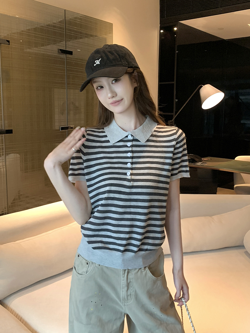 實拍~條紋翻領半開扣短袖針織衫女2026春夏新款寬松顯瘦上衣