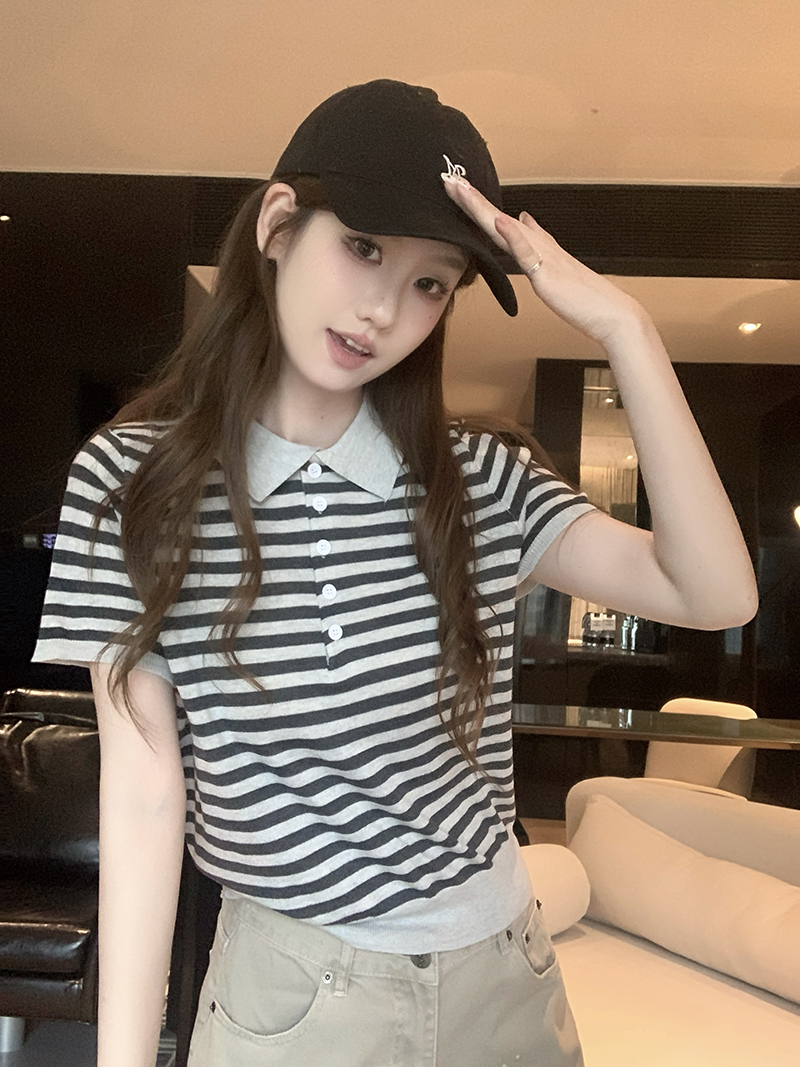 實拍~條紋翻領半開扣短袖針織衫女2026春夏新款寬松顯瘦上衣