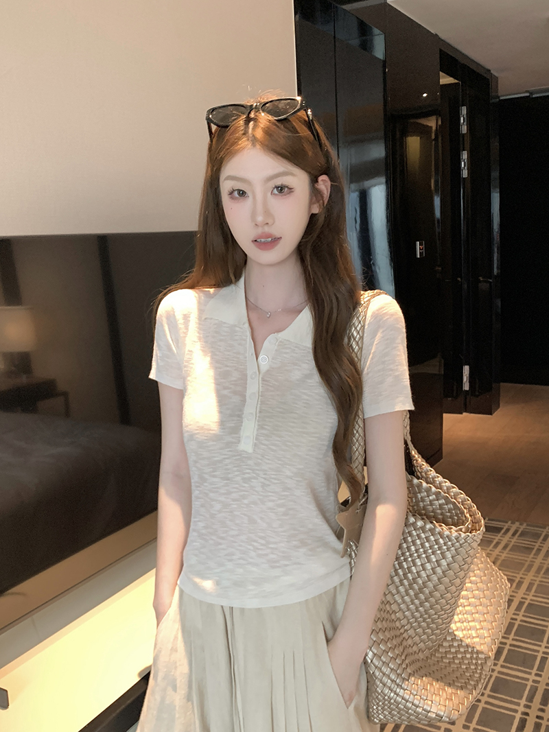 實拍~翻領半開扣短袖針織 polo衫女2026春夏新款修身顯瘦上衣